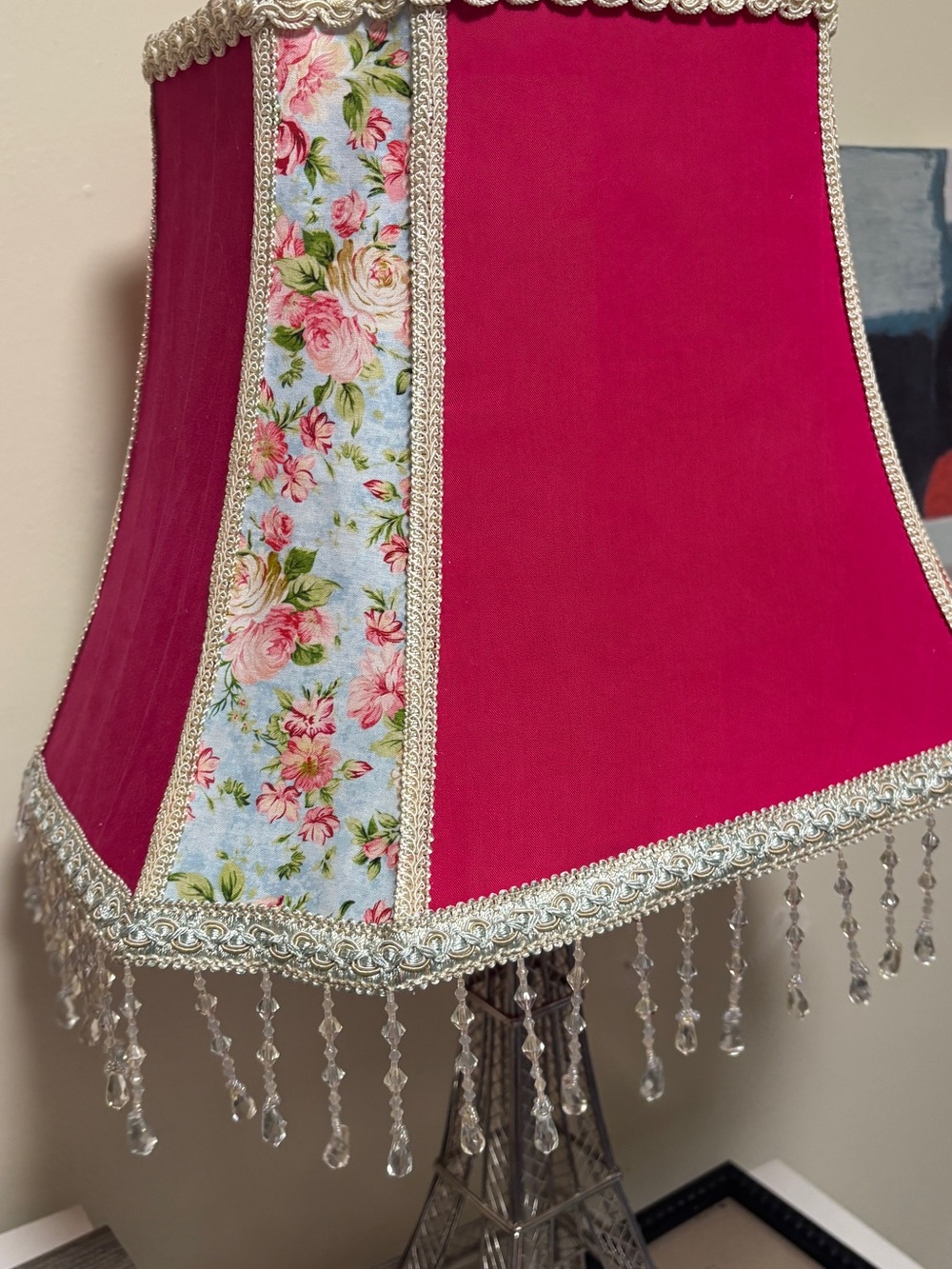 Fuchsia Floral Trim Lamp Shade with Beaded Fringe